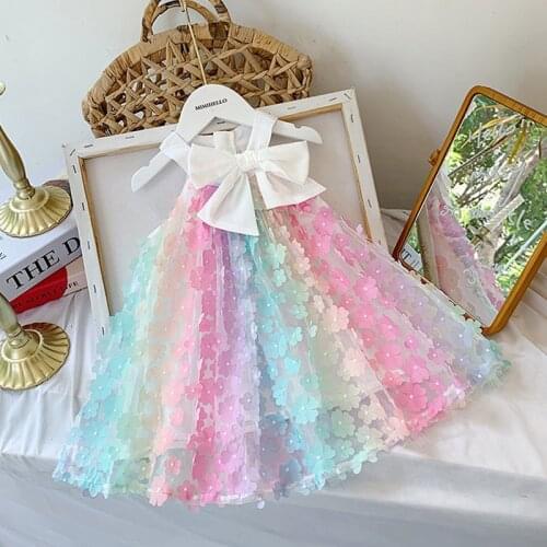Girl summer 2021 new female baby flower rainbow dress girl lace mesh big bow dress