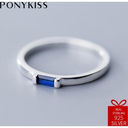 PONYKISS Trendy 100% 925 Sterling Silver Blue Rectangle Zircon Women Ring Party Simple Jewelry Lady Anniversary Delicate Gift