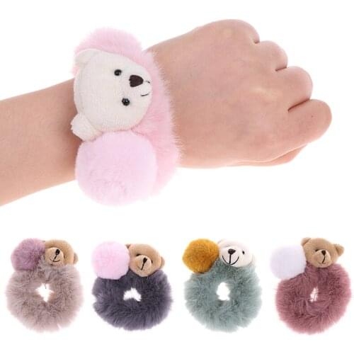 Korean Colorful Headbands Rope Tie Holder Lovely Cute Bear Furry Elastic Hair Bands For Women Girls Fur Hair Accessories