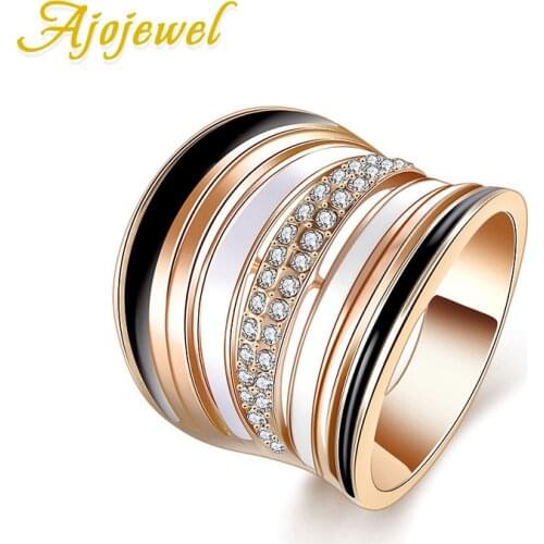 Ajojewel Luxurious Big Rings For Women Black And White Enamel CZ Stone Wide Ring Size 7-10 Anel De Ouro