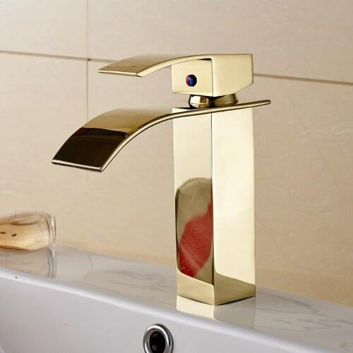 Luxury solid brass golden waterfall basin faucet with top quality hot cold gold bathroom basin sink faucet