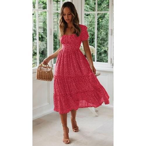 2021 New Summer Sundress Fashion Women Sexy Little Daisy Print Puff Sleeve Square Neck Woman Ruffled Waist Mid-calf Dress