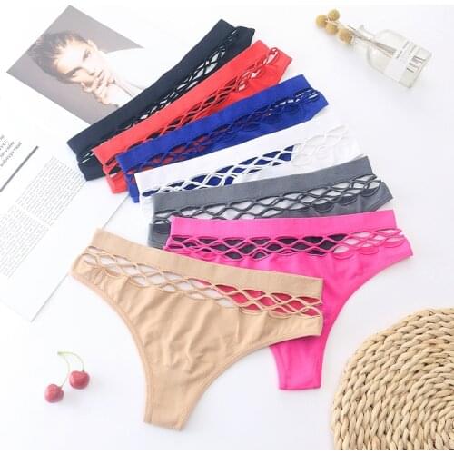 Sexy transparent hollow seamless cotton underwear womens low waist high elastic buttocks hot mesh thong Japanese T-pants