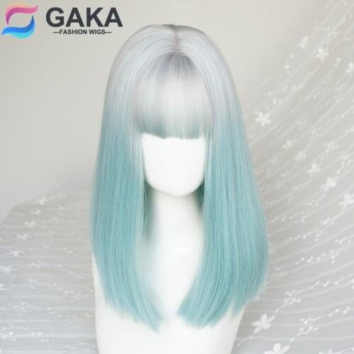 GAKA Womens Lolita Synthetic Wigs with Bang Gradient Green Bob Style for Party or Cosplay Long False Hair