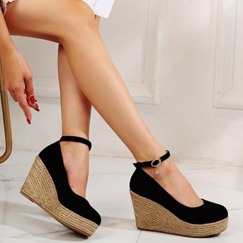 LIHUAMAO Suede Wedges Women Espadrilles shoes round toe ankle strap platform casual party wedding ladies high heel shoes pumps