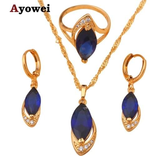 Gold tone Zircon Jewelry Blue Zirconia Necklaces & Pendants Earrings ring Fashion Jewelry Set Ring sz #7 #8 #9 JS513A