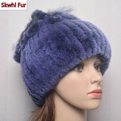 Women Fur Hat For Winter Warm Natural Rex Rabbit Fox Fur Hat Russian Female Fur Headgear 2021 Brand New Fashion Warm Beanies Cap