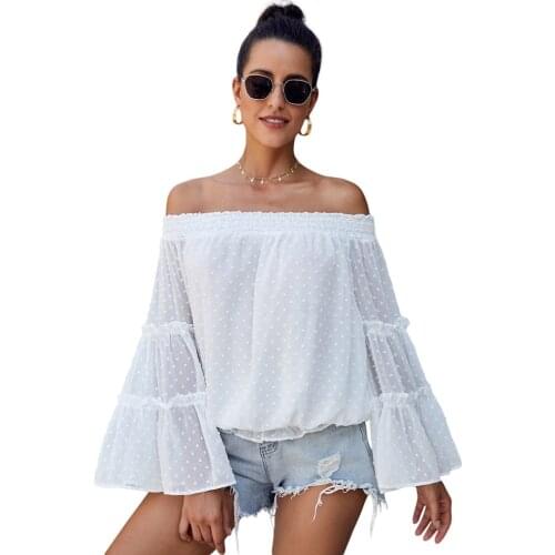 Autumn Womens Big Trumpet Long Sleeve Shirts Stitching Chiffon Sexy Off Shoulder One Line Collar Hollow Out 2021 New Loose Top