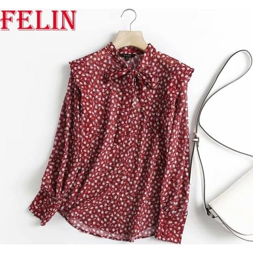 Za 2021 Women Chic Red Floral Print Bow Tie Shirts Stylish Ruffles Long Sleeve O Neck Elegant Blouses Casual Vintage Tops