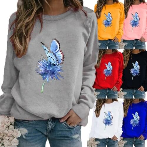 Women Winter Casual Round Neck Long Sleeved Printed Shirts & Tops Loose Ladies Graphic T-shirt Blouse Plus Size