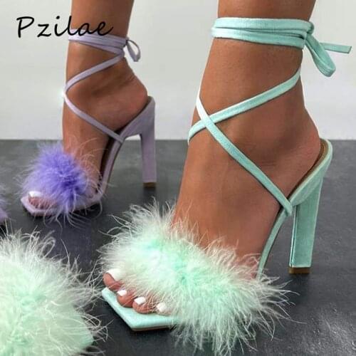 Pzilae 2021 New Summer Sandals Fashion Purple Green Feather Ankle Strap Womens High Heels 11CM Sandals Female Party Shoes