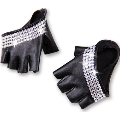 Womens fashion half palm semi- finger pu leather Rhinestone gloves mens fingerless hip-hop personality diy gloves