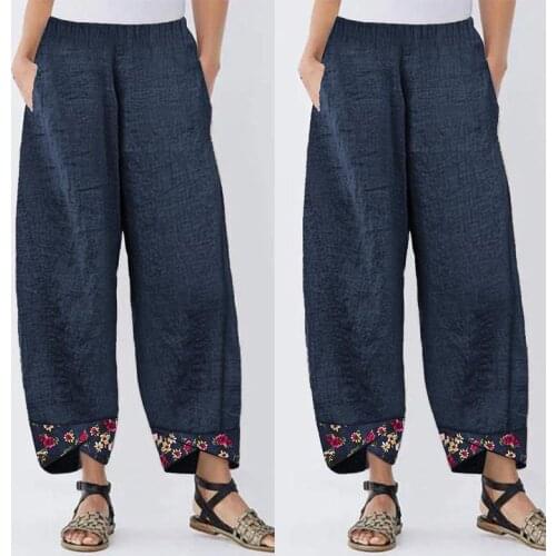 Women Casual Harem Pants Autumn Elastic Waist Wide Leg Pants Vintage Floral Printed Trousers Female Loose Pantalon Plus Size
