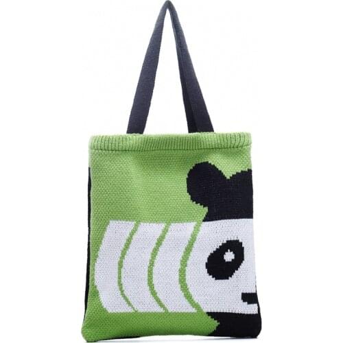 Women Knitting Cute Panda Cartoon Pattern Top-handle Tote Bag Female Casual Crochet Soft Daily Open Shopping Shopper Handbag