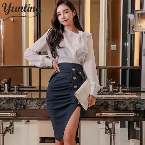 Women 2 Pieces Set White Blouses & High Waist Split Pencil Skirt Simple Office Lady Skirt Suit