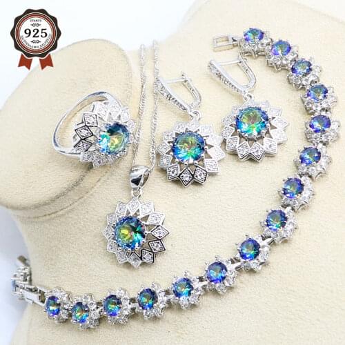 Classic Rainbow Zircon Necklace Earrings Sets For Women Silver Color Ring Pendants Bracelets Rainbow Wedding Jewelry Sets