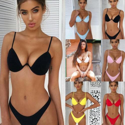 Women Fashion Padded Bra Bikini Set Swimsuit Ladies Solid Bandage Push-up Triangle Bathing Suits Biquini Swimwear
