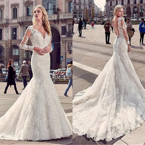 2021 Chic V-neck Applique Lace Wedding Dress Mermaid Long Sleeve Wedding Gowns vestido de noiva Trumpet Dresses For Bride
