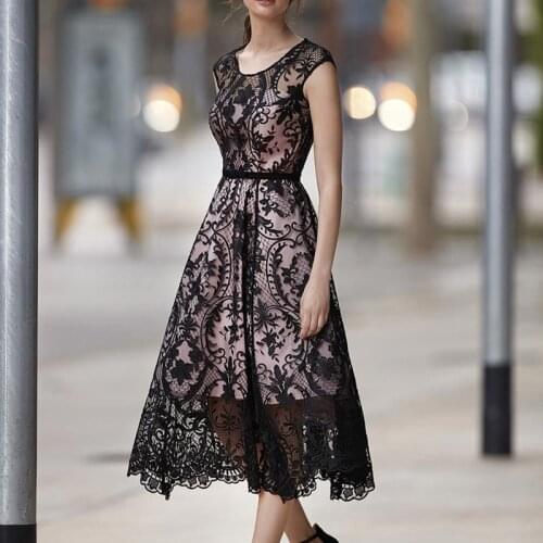Summer 2021 New Elegant Print Dress For The Office O-Neck Sleeveless Sexy Slim Embroidery White Casual Party Lace Women Dresses