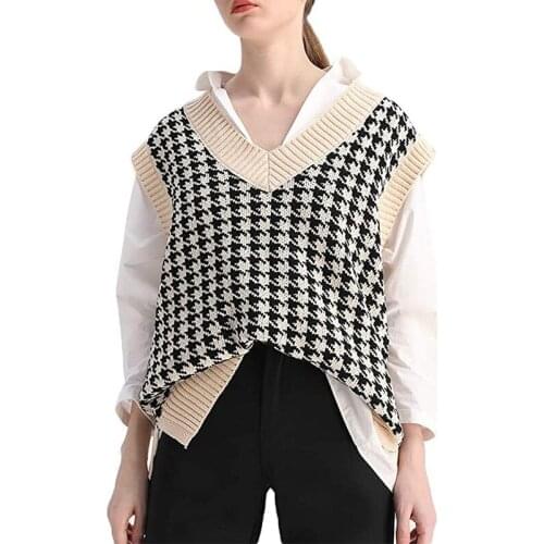 New Women Fashion V Neck Knitted Houndstooth Sweater Vest Female Sleeveless Casual Slim Cloud Pattern Vests Black White Tops