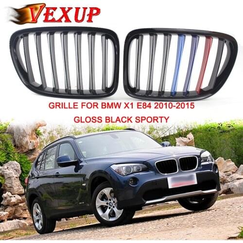 1Pair Gloss Black Sporty Carbon Single Slat Front Bumper Kidney Grill Grille For BMW X1 E84 2010-2015 ABS