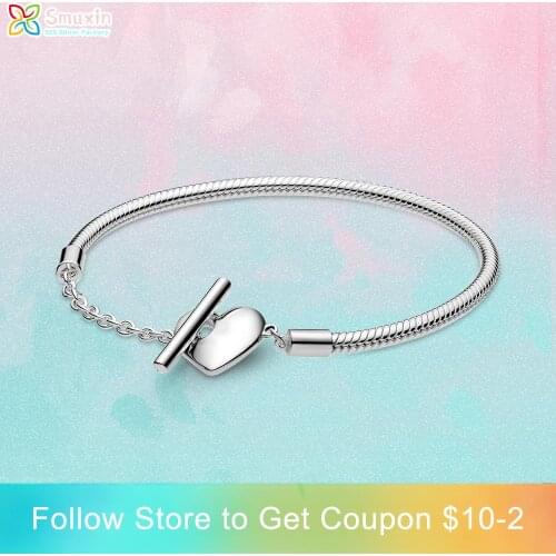 Smuxin 925 Sterling Silver Moments Heart T-Bar Snake Chain Bracelet Friendship Bangles Women Jewelry Girl Birthday Gift