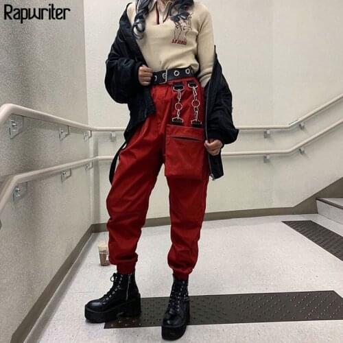 Rapwriter Casual Elastic High Waist Pants Joggers Women Punk Style Cargo Trousers With Pocket Girl Autumn Streetwear Pants Loose