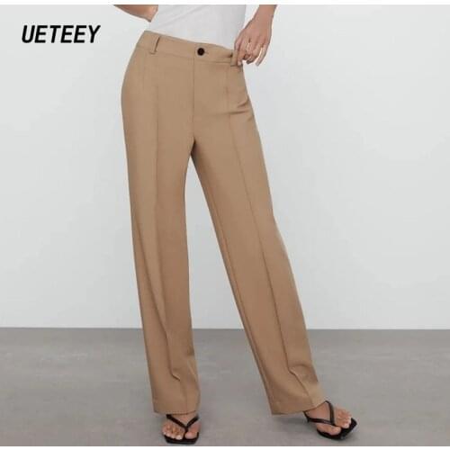 Za Womens Pants Khaki Trousers Blazers Pant High Waist Harem Pant Ladies Elegant Solid Streetwear Pockets Pant Loose Spring TRF