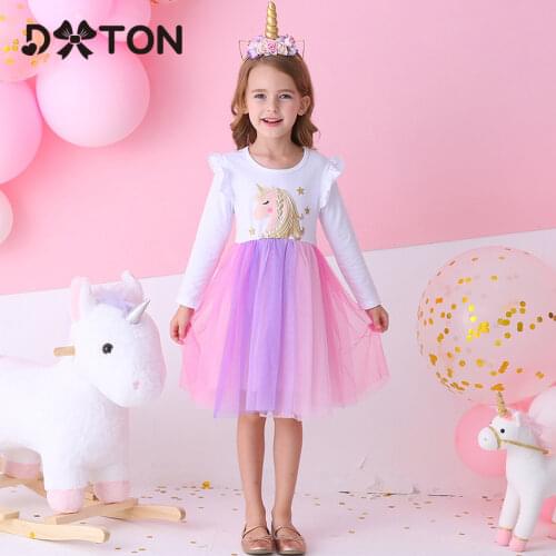 DXTON Kids Princess Girls Dress Unicorn Children Dress Fille Robe Tutu Party Clothes Rainbow Mesh Girls Dress Cartoon Vestidos