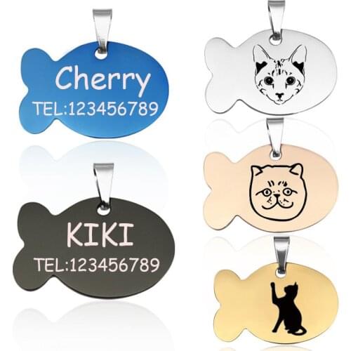 Fish Shape Cat Tag Dog Tags Supplies Anti-lost ID Name Tag Stainless Steel Cat Accessories Pet Collar Puppy Custom Carved