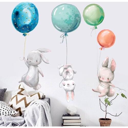 Colorful Balloon Rabbits Wall Stickers DIY Shy Rabbits for Bedroom Kids Room Nursery Decorative Wall Decal Home Decor