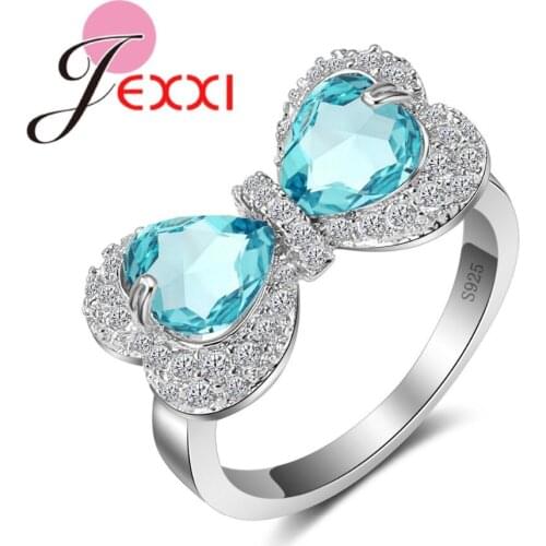 Cute Bow Tie Blue CZ Stone Ring 925 Sterling Silver Luxury Fashion Cocktail Party Ring Brand Jewelry For Women Wedding