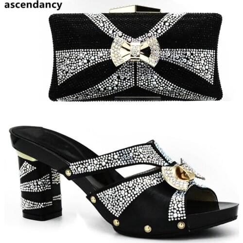 Latest Black Color Italian Ladies Shoes and Bag Set Decorated with Rhinestone African Matching Shoes and Bags Italian In Women