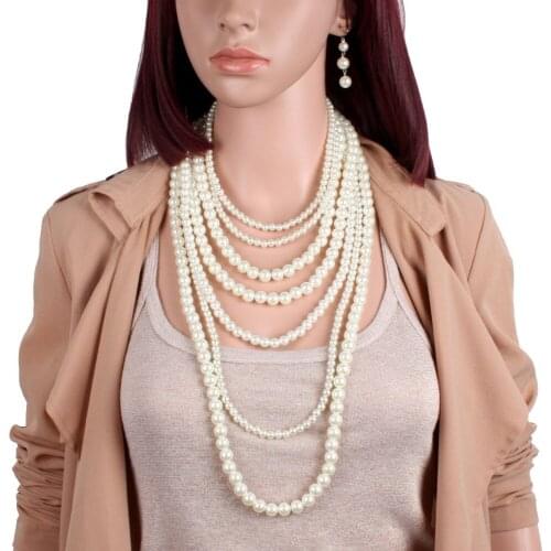 Fashion Multilayer Faux Pearl Beaded Choker Necklace Earrings Bridal Jewelry Sets Wedding Statement Large Collar Necklaces Women