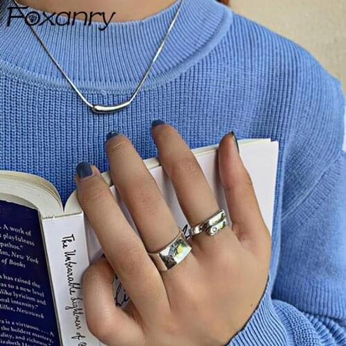 Foxanry 925 Sterling Silver Couples Rings New Fashion Simple Smooth Width Finger Rings Thai Silver Party Jewelry Gifts for Women