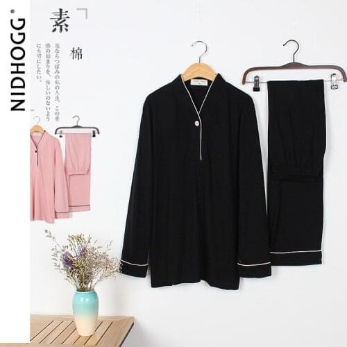 Spring 100% Cotton Pajamas Womens Kimono Long Sleeve Sleepwear Two Piece Set V-Neck Solid Sexy Nightwear Loungewear Pyjamas