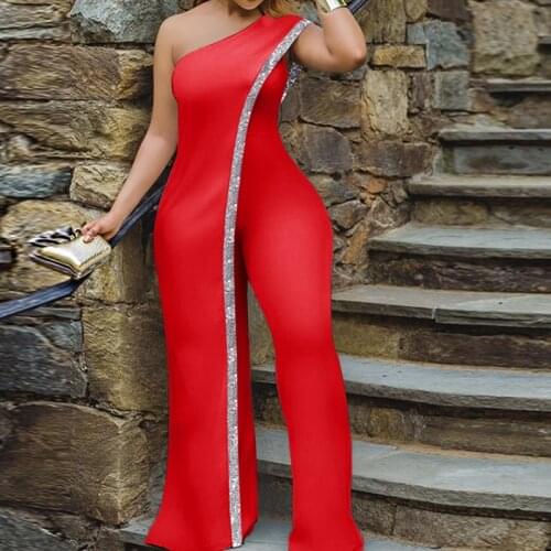 Sexy One Shoulder Rompers Womens Jumpsuit Summer Sleeveless Sequins Wide Leg Elegant Lady Plus Size Bodycon Jumpsuits Red White