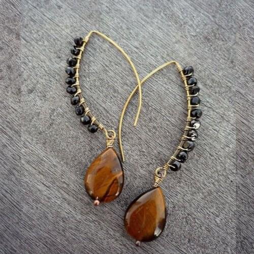 Wire wrapped with Tiger Eye gemstone and Spinel gemstone small beads earrings