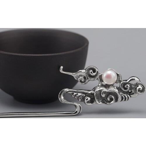925 Sterling Silver Pearl Hair Stick Auspicious Cloud Chinese Traditional Vintage Hair Pins Accesories For Women Fine Jewelry