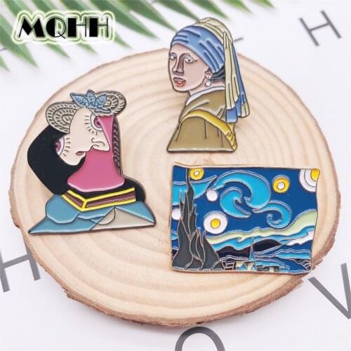 Creative Personality Exquisite Starry Sky Oil Painting Enamel Pin Sunrise Landscape Girl Alloy Brooch Badge Woman Jewelry Gift