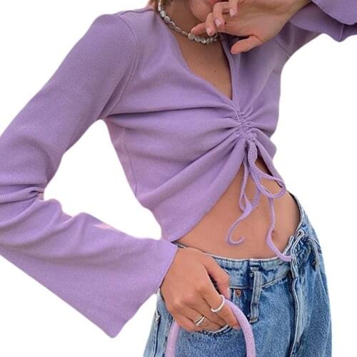 Women Sweet Sexy Drawstring Knitted Short Tops T-Shirts Long Sleeve V Neck Lace Up Holiday Casual Fashion Crop Top Knitwear