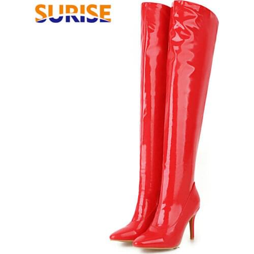 Big Size Patent Leather Women Thigh High Boots 8cm Thin Stiletto Heel Ladies Party Dance Pointed Toe Zipper Long Over Knee Boots