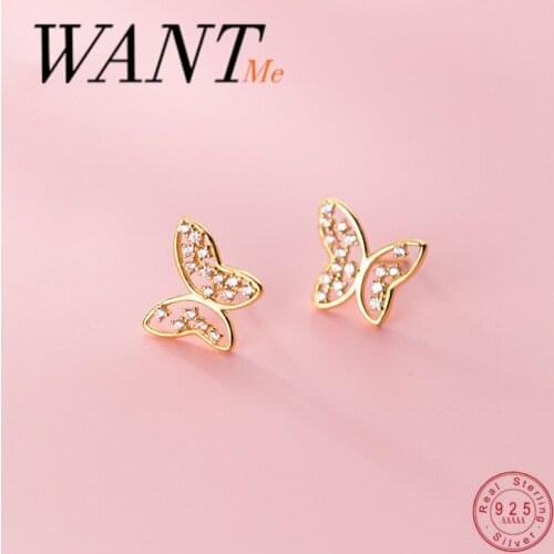 WANTME Fashion Real 925 Sterling Silver Pave Zircon Hollow Butterfly Stud Earrings for Women Romantic Sweet Insect Jewelry Gift
