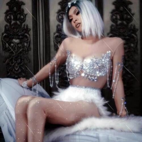 Female singer Dj Ds gogo costume sexy feather bodysuit club sequin jumpsuit