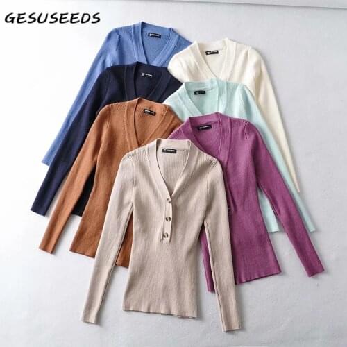 2021 Vintage sweater women knitted pullover casual v neck long sleeve tops spring solid pullover korean buttons sweater white