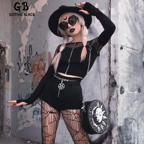 Gothblack Sexy Punk Long Sleeve Hollow Out Crop Top Women Gothic Vintage Slim Metal Chain Pentagram Zip Tshirt Y2K Streetwear