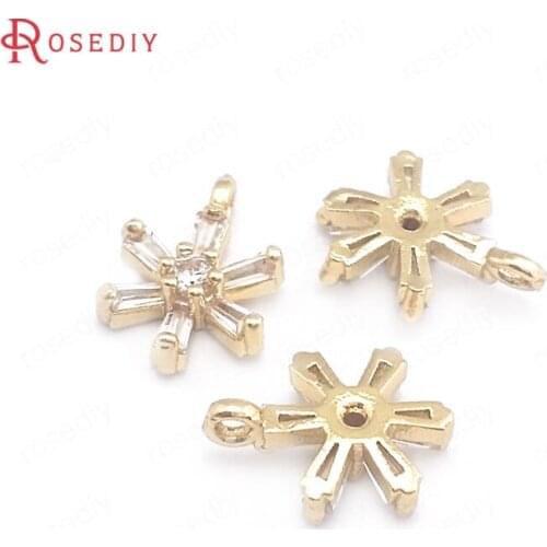 38119)10PCS 10MM 24K Champagne Gold Color Brass and Zircon Snowflake Charms Pendants Jewelry Making Supplies Diy Accessories