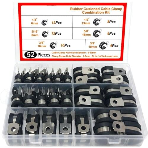 52pcs 304Stainless Steel Wire Pipe Clamps Clips Insulated Clamp Cable Clamp Cable Organizer Rubber High Quality Kit Clamp