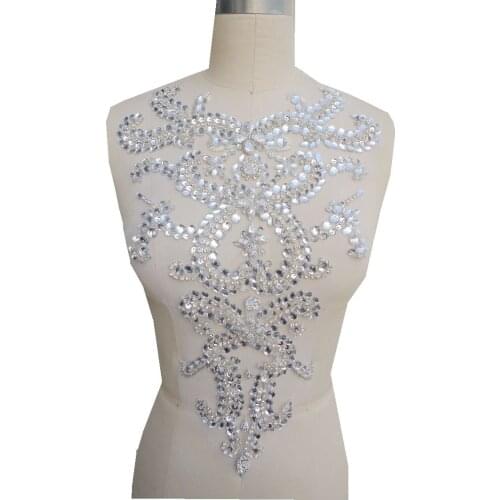 A301-5 hand made silver crystal patches trim 46*30cm sew on Rhinestones applique for dress accessory