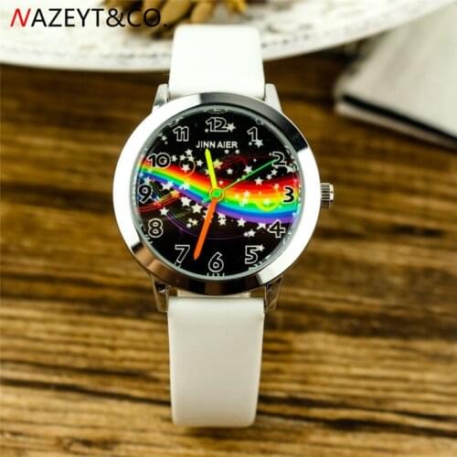 Free shipping fashion boys and girls Starry sky dial leather watch cute star and rainbow design little and middle student clock